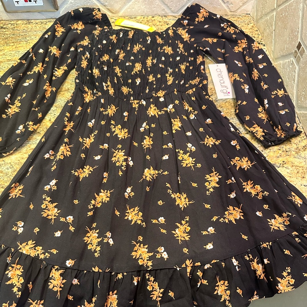 Chenault girl Caren black with tan flowers dress
